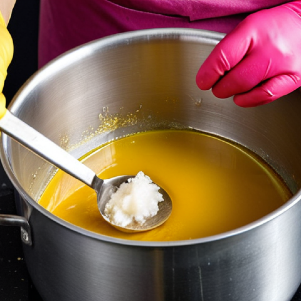 **Image Prompt:** "A person wearing gloves and safety glasses carefully stirring a mixture of lye solution (in a stainless steel pot) and oils (coconut, olive, palm) together. The mixture should look like it's starting to thicken, resembling honey, with hints of natural colors (yellow from turmeric, pink from beetroot, green from spirulina). Safety first!"