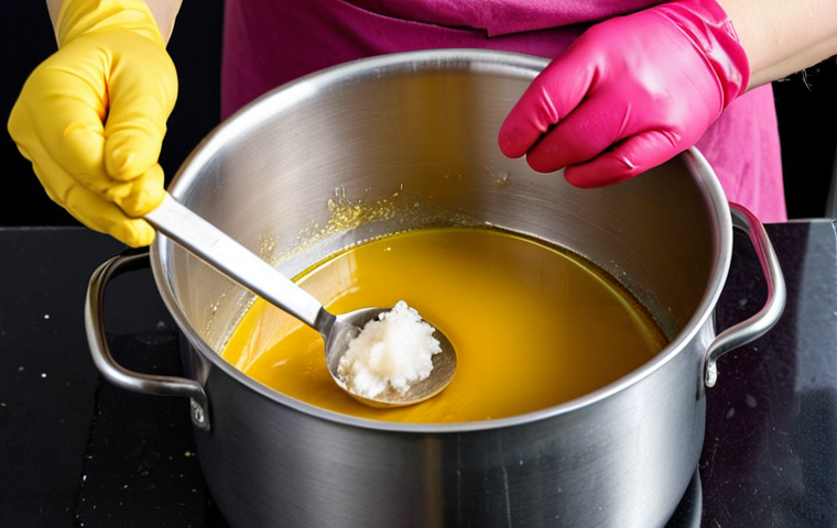 **Image Prompt:** "A person wearing gloves and safety glasses carefully stirring a mixture of lye solution (in a stainless steel pot) and oils (coconut, olive, palm) together. The mixture should look like it's starting to thicken, resembling honey, with hints of natural colors (yellow from turmeric, pink from beetroot, green from spirulina). Safety first!"