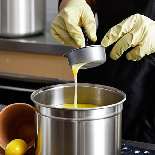 Home 25 **Image Prompt:** A person wearing safety gloves and goggles carefully mixing lye solution (in a stainless steel container) into a pot of various oils. Focus on the safety aspect and the blending of ingredients for homemade soap.