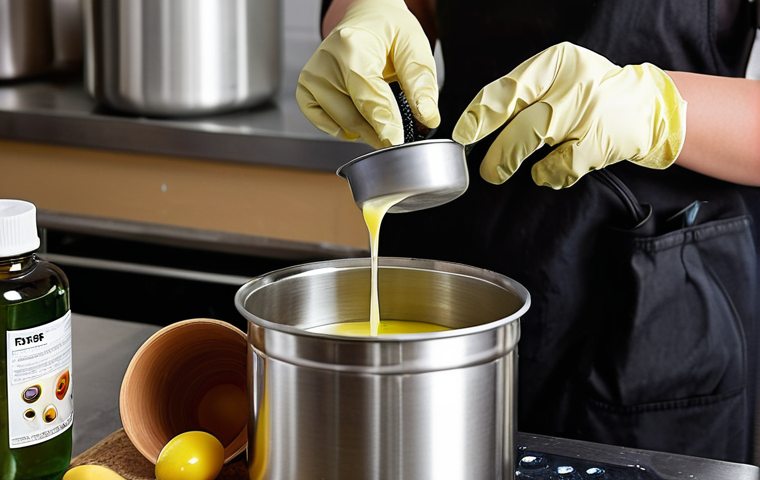 **Image Prompt:** A person wearing safety gloves and goggles carefully mixing lye solution (in a stainless steel container) into a pot of various oils. Focus on the safety aspect and the blending of ingredients for homemade soap.