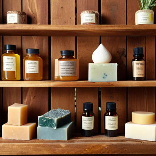 Home 24 **Prompt:** Natural soaps displayed on a wooden shelf, surrounded by ingredients like herbs, honey, and essential oils. Focus on the soaps' textures and colors. Soft, diffused lighting.