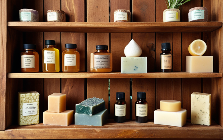 **Prompt:** Natural soaps displayed on a wooden shelf, surrounded by ingredients like herbs, honey, and essential oils. Focus on the soaps' textures and colors. Soft, diffused lighting.