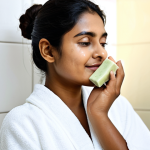 A professional, radiant South Asian woman in her late 20s, with a clear and glowing complexion, gently washing her face with a natural soap bar. She is standing in a brightly lit, modern bathroom with soft, clean aesthetics. The scene focuses on a moment of peaceful self-care. Her modest clothing is a simple, elegant top suitable for a skincare routine. Natural ingredients like aloe vera leaves, neem leaves, and a small wooden bowl of shea butter are subtly arranged in the background, hinting at the soap's natural composition. The lighting is soft and flattering, emphasizing healthy skin. fully clothed, appropriate attire, modest clothing, safe for work, appropriate content, professional, perfect anatomy, correct proportions, natural pose, well-formed hands, proper finger count, natural body proportions, high-quality photography, realistic.