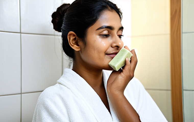 A professional, radiant South Asian woman in her late 20s, with a clear and glowing complexion, gently washing her face with a natural soap bar. She is standing in a brightly lit, modern bathroom with soft, clean aesthetics. The scene focuses on a moment of peaceful self-care. Her modest clothing is a simple, elegant top suitable for a skincare routine. Natural ingredients like aloe vera leaves, neem leaves, and a small wooden bowl of shea butter are subtly arranged in the background, hinting at the soap's natural composition. The lighting is soft and flattering, emphasizing healthy skin. fully clothed, appropriate attire, modest clothing, safe for work, appropriate content, professional, perfect anatomy, correct proportions, natural pose, well-formed hands, proper finger count, natural body proportions, high-quality photography, realistic.