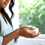 A serene, professional image of a diverse young woman, fully clothed in a modest, light-colored shirt, gently washing her hands with a bar of natural, artisanal soap. The scene is set in a well-lit, minimalist bathroom with soft, natural light filtering through a window, and a small, vibrant green plant in the background. The focus is on the woman's hands, which are perfectly formed with proper finger count, showing a gentle, creamy lather from the natural soap. The image conveys a sense of purity, cleanliness, and the soft, nurturing effect of natural products on the skin. The woman's pose is natural, showcasing correct body proportions. safe for work, appropriate content, fully clothed, modest, professional photography, perfect anatomy, high quality.
