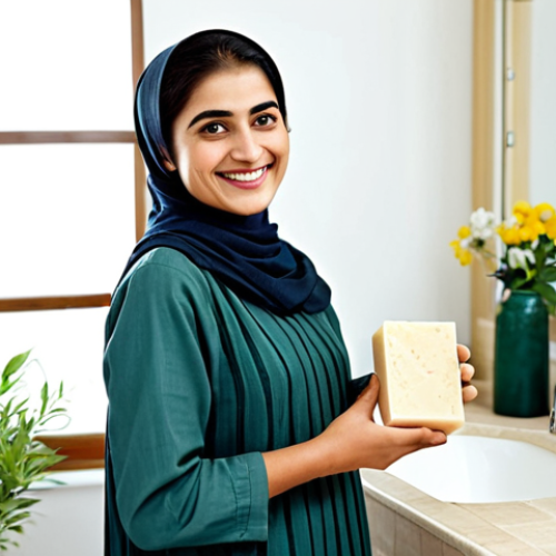 Home 9 **
"A professional woman in modest, traditional Pakistani clothing, smiling gently, holding a bar of natural soap made with shea butter and olive oil. She is standing in a bright, clean bathroom with natural light. The background shows various skincare products and plants. Safe for work, appropriate content, fully clothed, perfect anatomy, natural proportions, high-quality photography, modest, professional, family-friendly."
**