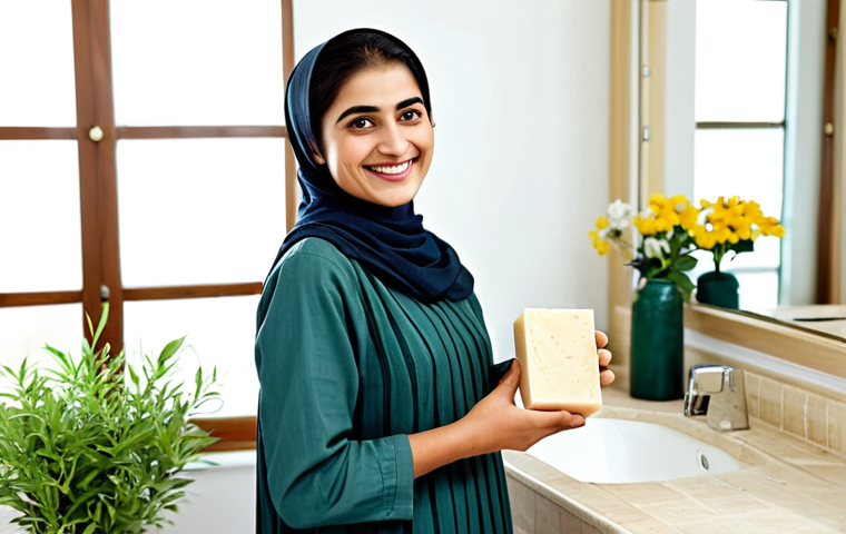 **
"A professional woman in modest, traditional Pakistani clothing, smiling gently, holding a bar of natural soap made with shea butter and olive oil. She is standing in a bright, clean bathroom with natural light. The background shows various skincare products and plants. Safe for work, appropriate content, fully clothed, perfect anatomy, natural proportions, high-quality photography, modest, professional, family-friendly."
**